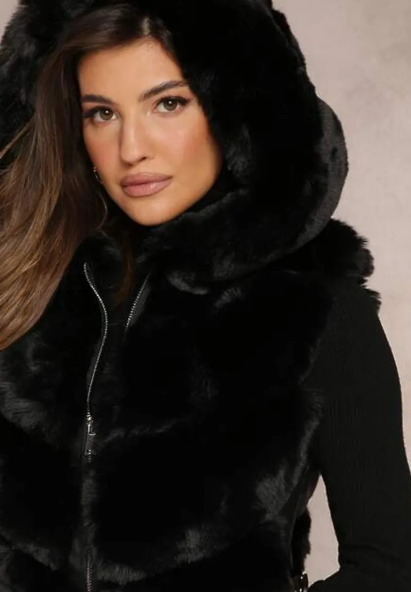 Czarna Futrzana Kamizelka z Kapturem Kornelssa