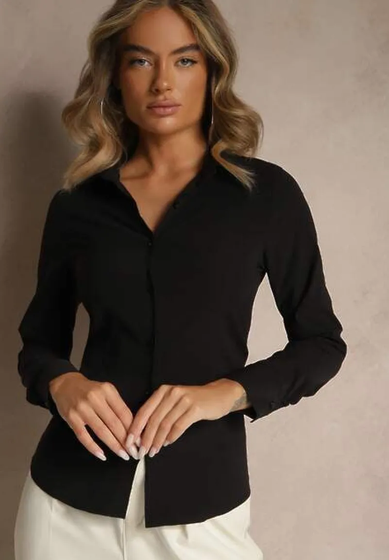 Czarna Gładka Koszula Zapinana na Guziki Hejora