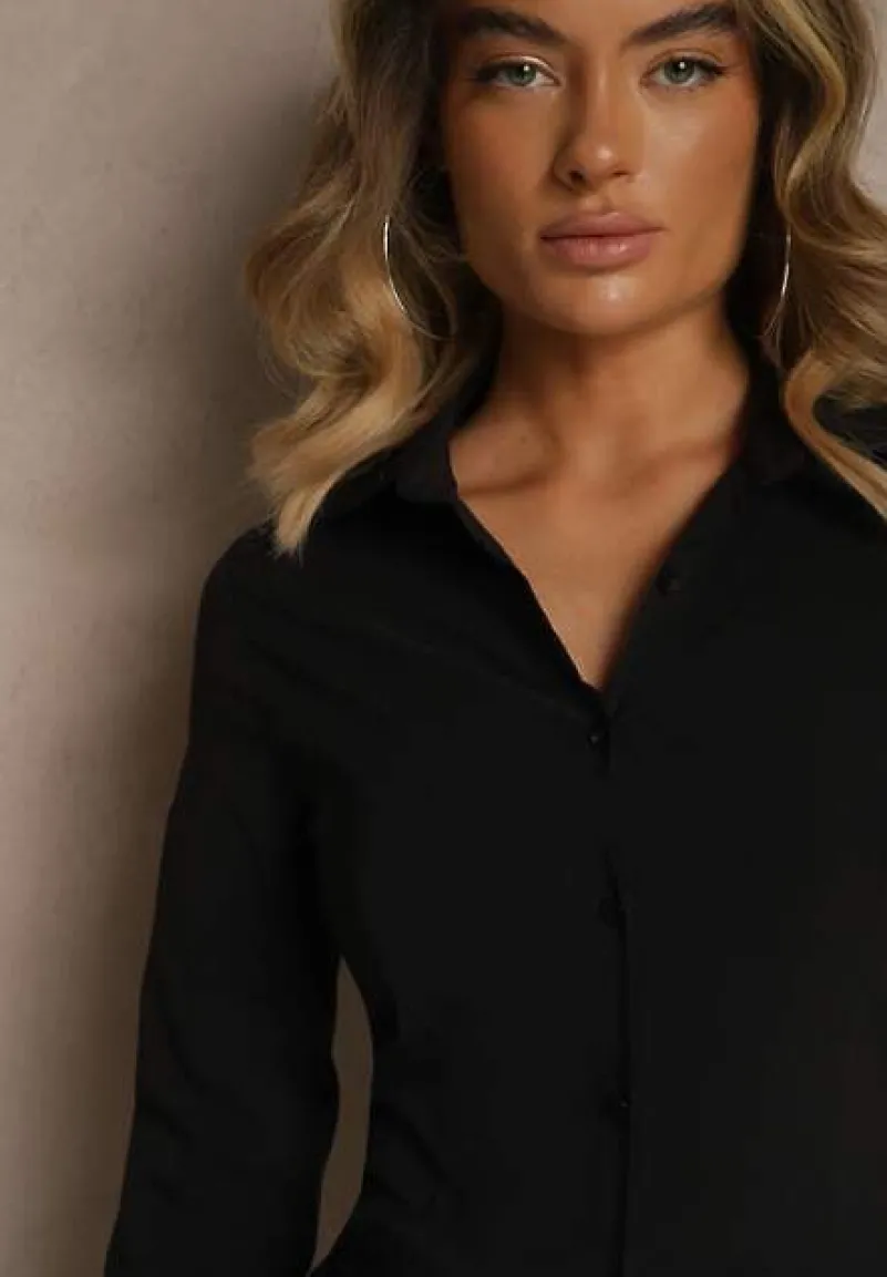 Czarna Gładka Koszula Zapinana na Guziki Hejora