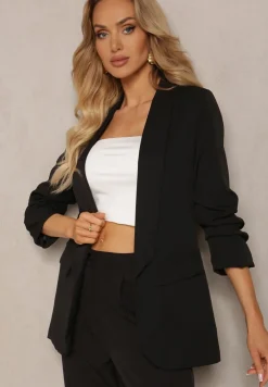 Czarna Gładka Marynarka z Rękawami 7/8 i Klapami Adylia