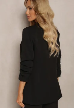 Czarna Gładka Marynarka z Rękawami 7/8 i Klapami Adylia
