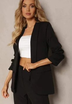 Czarna Gładka Marynarka z Rękawami 7/8 i Klapami Adylia