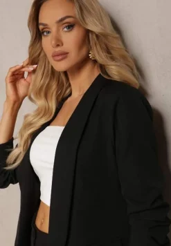 Czarna Gładka Marynarka z Rękawami 7/8 i Klapami Adylia