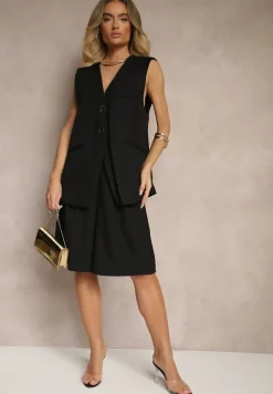 Czarna Garniturowa Kamizelka z Ozdobnymi Kieszonkami i Guzikami Sonadorea