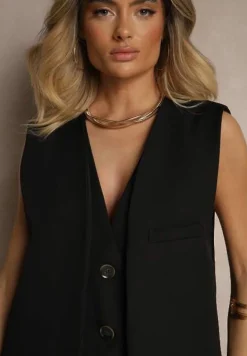 Czarna Garniturowa Kamizelka z Ozdobnymi Kieszonkami i Guzikami Sonadorea