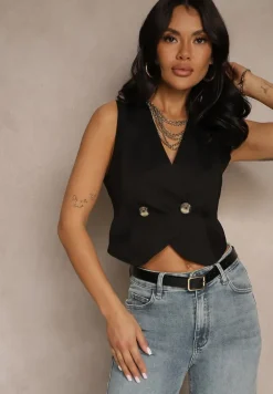 Czarna Garniturowa Kamizelka z Bawełny Ozdobiona Guzikami Reisanis