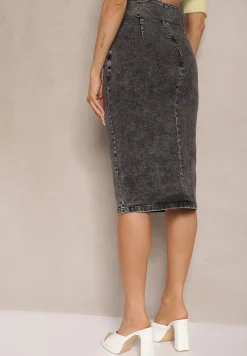 Czarna Jeansowa Spódnica Ołówkowa Midi z Guzikami i Rozcięciem Jackiesa