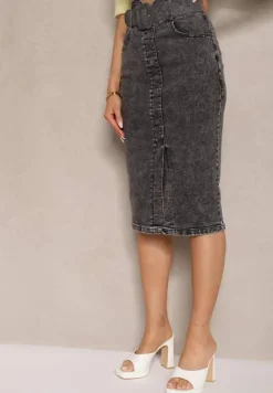 Czarna Jeansowa Spódnica Ołówkowa Midi z Guzikami i Rozcięciem Jackiesa