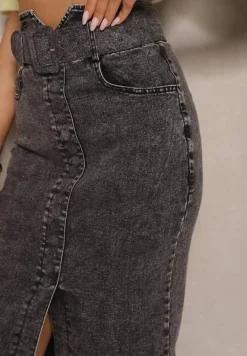 Czarna Jeansowa Spódnica Ołówkowa Midi z Guzikami i Rozcięciem Jackiesa