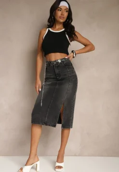 Czarna Jeansowa Spódnica z Bawełny z Łańcuchem Lilurea
