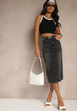 Czarna Jeansowa Spódnica z Bawełny z Łańcuchem Lilurea