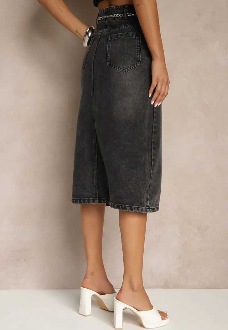 Czarna Jeansowa Spódnica z Bawełny z Łańcuchem Lilurea