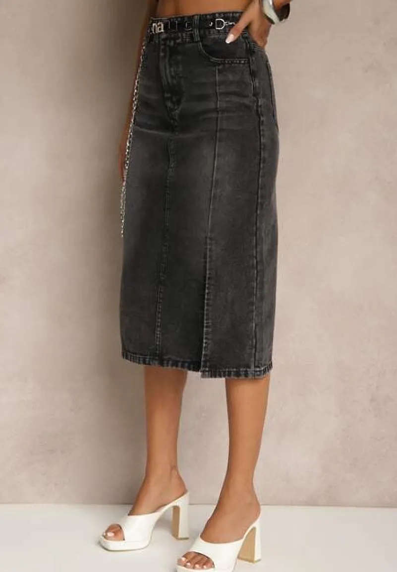 Czarna Jeansowa Spódnica z Bawełny z Łańcuchem Lilurea