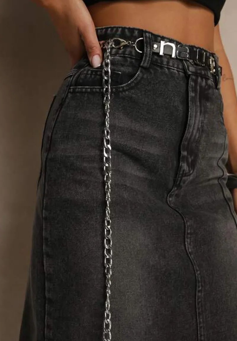 Czarna Jeansowa Spódnica z Bawełny z Łańcuchem Lilurea