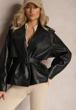 Czarna Jednorzędowa Kurtka Oversize z Imitacji Skóry i Paskiem Maxx