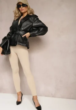 Czarna Jednorzędowa Kurtka Oversize z Imitacji Skóry i Paskiem Maxx