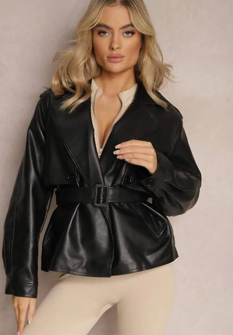 Czarna Jednorzędowa Kurtka Oversize z Imitacji Skóry i Paskiem Maxx