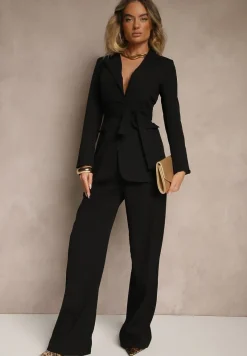 Czarna Jednorzędowa Marynarka z Wiązanym Paskiem Valerienne