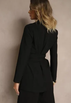 Czarna Jednorzędowa Marynarka z Wiązanym Paskiem Valerienne