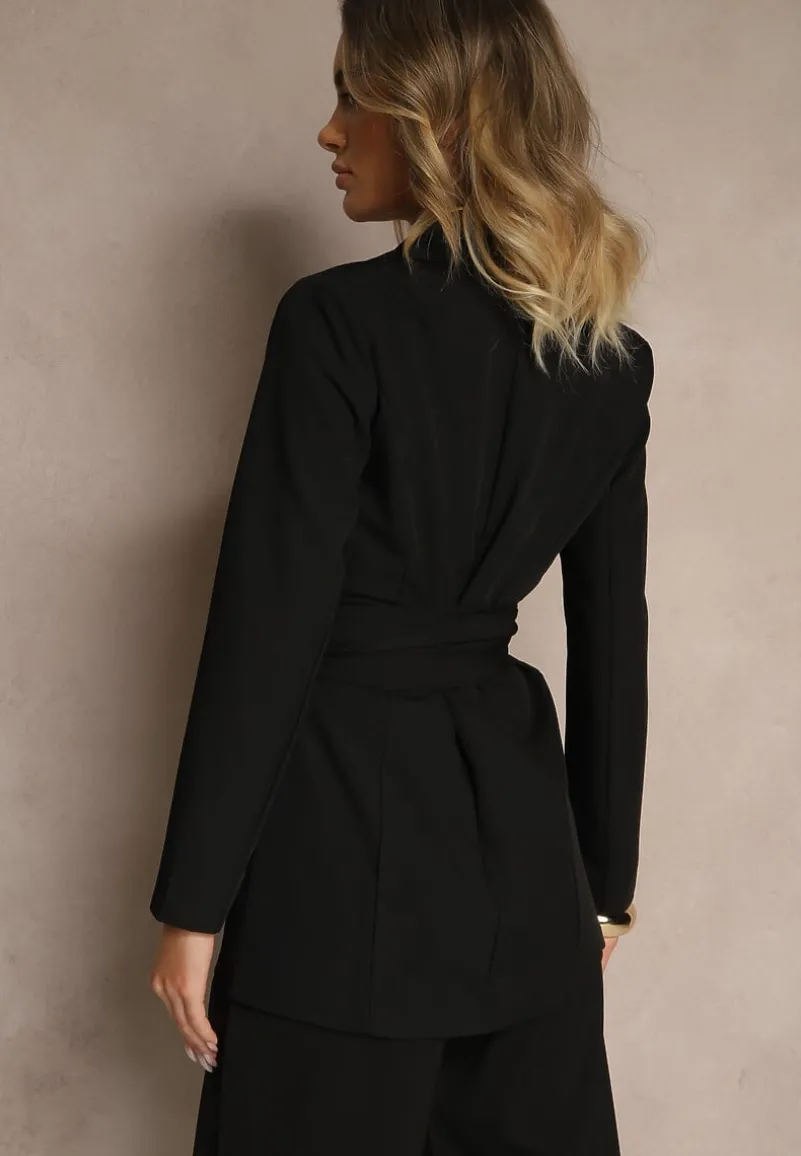 Czarna Jednorzędowa Marynarka z Wiązanym Paskiem Valerienne