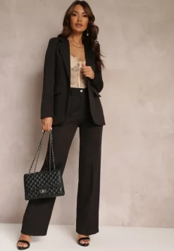 Czarna Jednorzędowa Marynarka Ozdobiona Klapami Presli