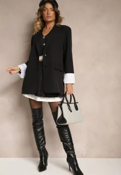 Czarna Jednorzędowa Marynarka z Wywiniętymi Rękawami i Usztywnioną Linią Ramion Mialassa