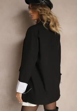 Czarna Jednorzędowa Marynarka z Wywiniętymi Rękawami i Usztywnioną Linią Ramion Mialassa