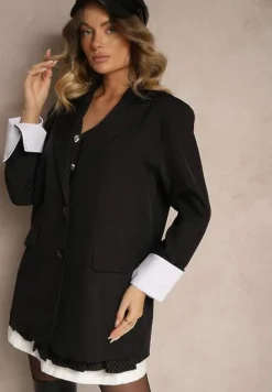 Czarna Jednorzędowa Marynarka z Wywiniętymi Rękawami i Usztywnioną Linią Ramion Mialassa