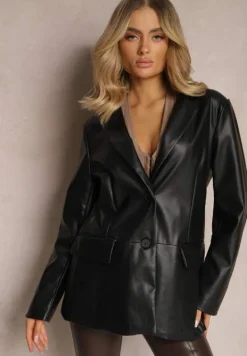 Czarna Jednorzędowa Marynarka z Imitacji Skóry Barelia