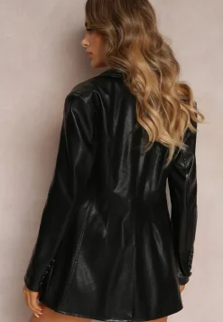 Czarna Jednorzędowa Marynarka z Guzikami z Imitacji Skóry Livalina