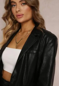 Czarna Jednorzędowa Marynarka z Guzikami z Imitacji Skóry Livalina