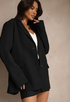 Czarna Jednorzędowa Marynarka o Pudełkowym Kroju z Rozcięciem Temithis