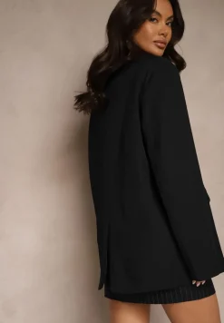 Czarna Jednorzędowa Marynarka Oversize z Metalicznymi Literkami i Kieszeniami Loriviella