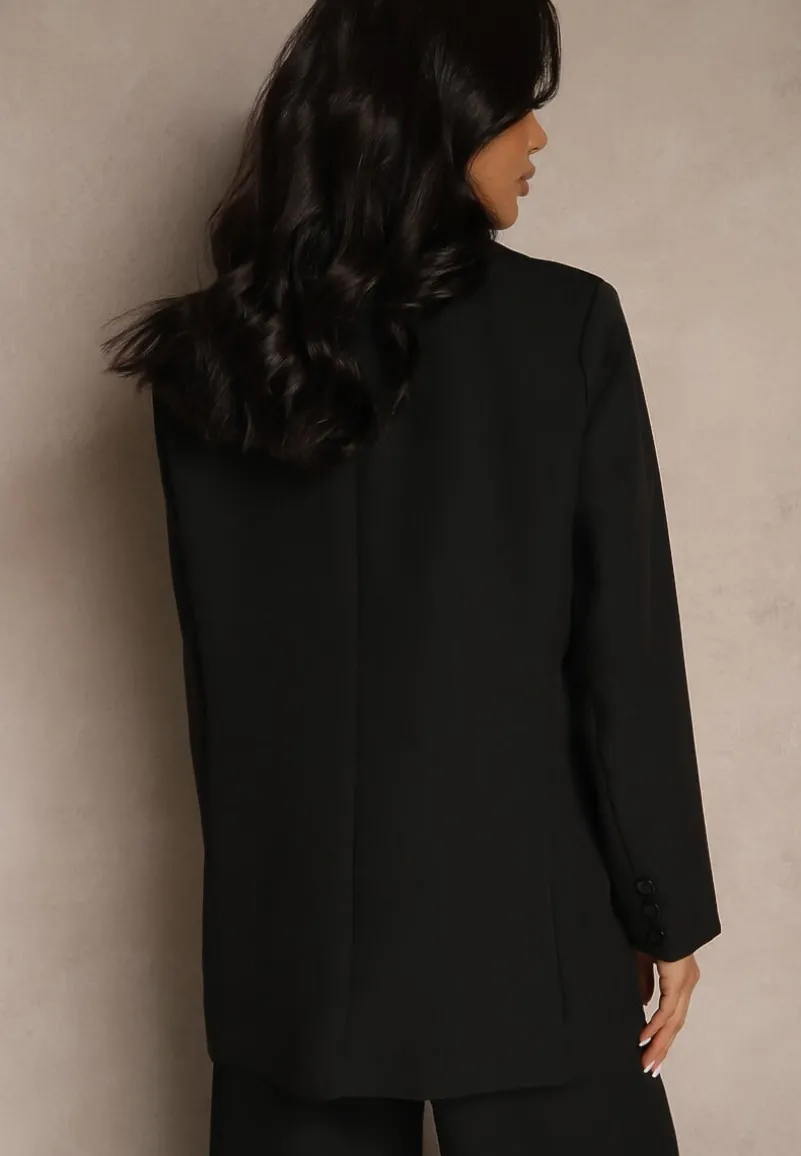 Czarna Jednorzędowa Marynarka o Klasycznym Kroju Zdobiona Imitacją Kieszeni Zenzeri