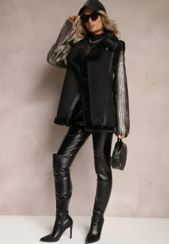 Czarna Kamizelka Bezrękawnik z Asymetrycznym Zapięciem i Futerkiem Sadarra