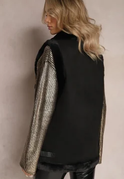 Czarna Kamizelka Bezrękawnik z Asymetrycznym Zapięciem i Futerkiem Sadarra