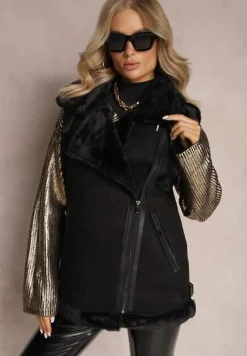 Czarna Kamizelka Bezrękawnik z Asymetrycznym Zapięciem i Futerkiem Sadarra