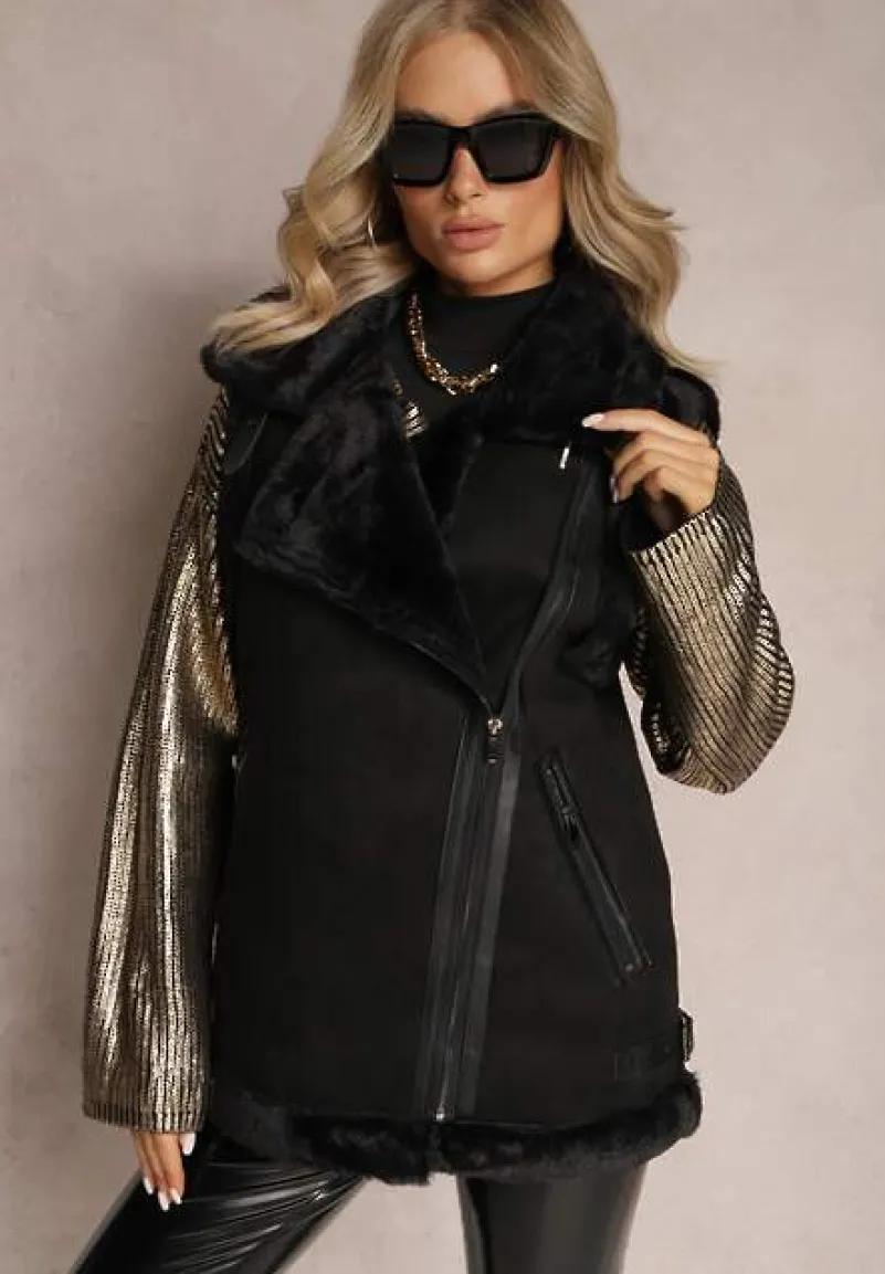 Czarna Kamizelka Bezrękawnik z Asymetrycznym Zapięciem i Futerkiem Sadarra