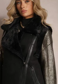 Czarna Kamizelka Bezrękawnik z Asymetrycznym Zapięciem i Futerkiem Sadarra