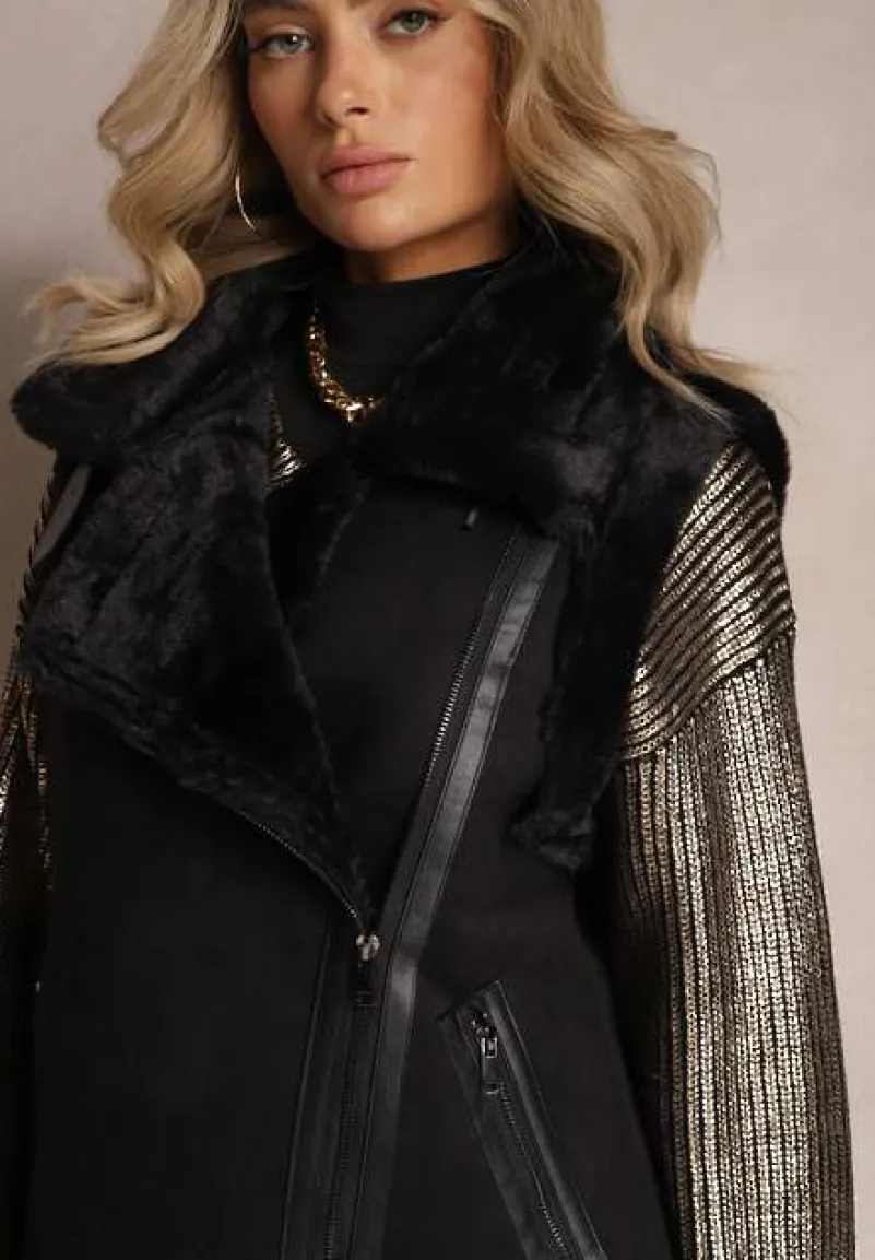 Czarna Kamizelka Bezrękawnik z Asymetrycznym Zapięciem i Futerkiem Sadarra