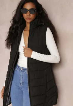 Czarna Kamizelka Długa Pikowana z Kapturem Savisuk