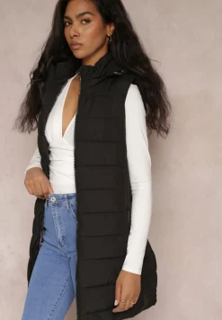 Czarna Kamizelka Długa Pikowana z Kapturem Savisuk