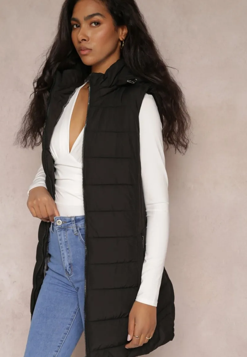 Czarna Kamizelka Długa Pikowana z Kapturem Savisuk