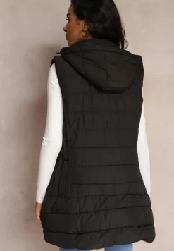 Czarna Kamizelka Długa Pikowana z Kapturem Savisuk