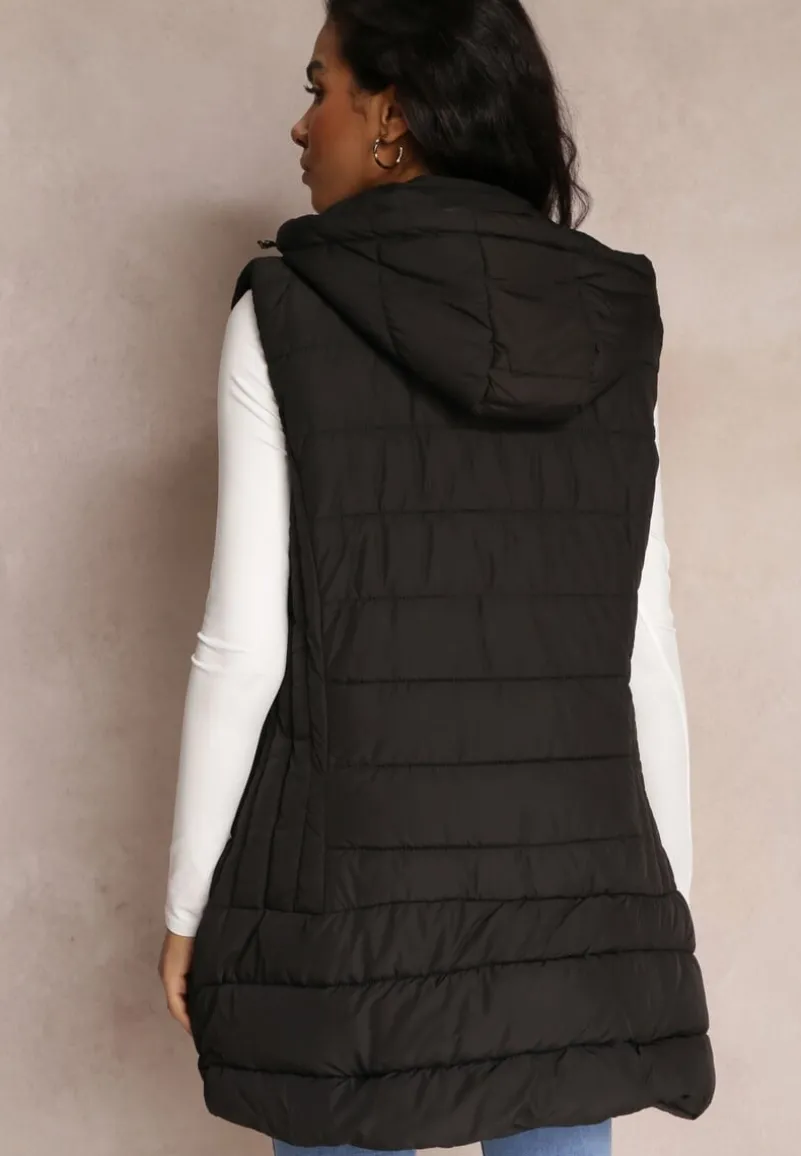 Czarna Kamizelka Długa Pikowana z Kapturem Savisuk