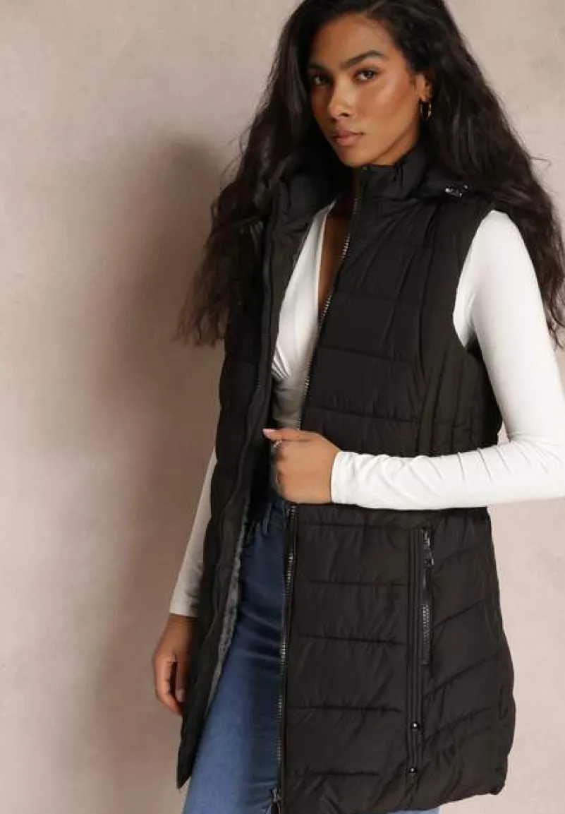 Czarna Kamizelka Długa Pikowana z Kapturem Savisuk