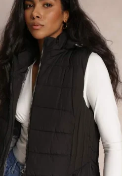 Czarna Kamizelka Długa Pikowana z Kapturem Savisuk