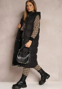 Czarna Kamizelka Długa z Kapturem Pikowana Mellyn