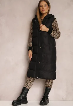Czarna Kamizelka Długa z Kapturem Pikowana Mellyn