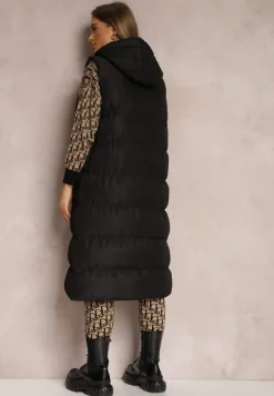 Czarna Kamizelka Długa z Kapturem Pikowana Mellyn